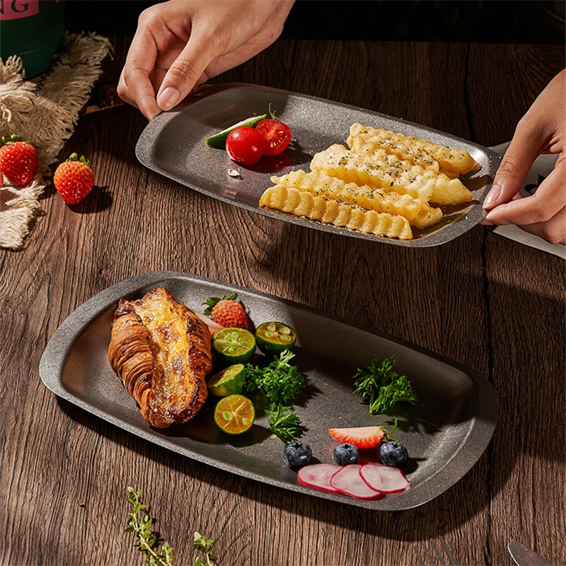 Snow Peak Stainless Steel Storage Plates with Ear Anti-scalding Snack Steak Buffet Plates Deep Wide Side Dish Sevring for Table