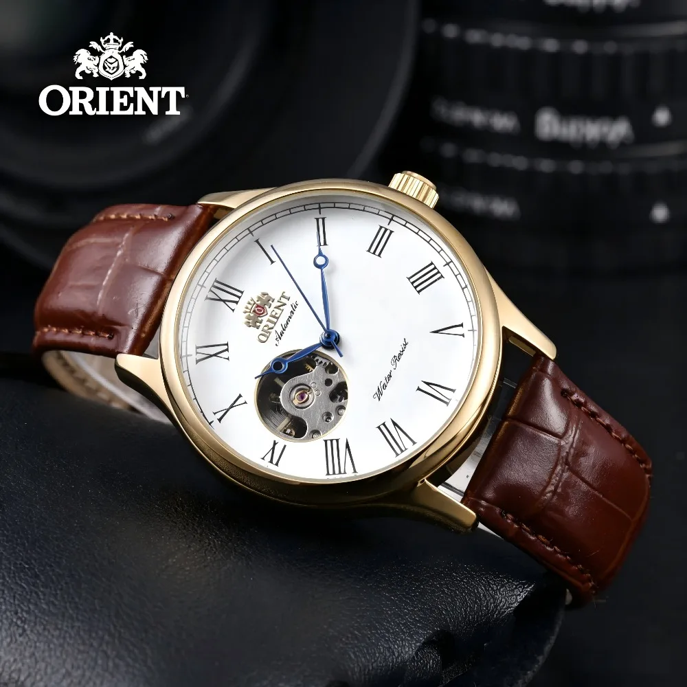 ORIENT Gold Open Heart Automatic Watch Men Brown Leather Waterproof Mechanical Dress Watch