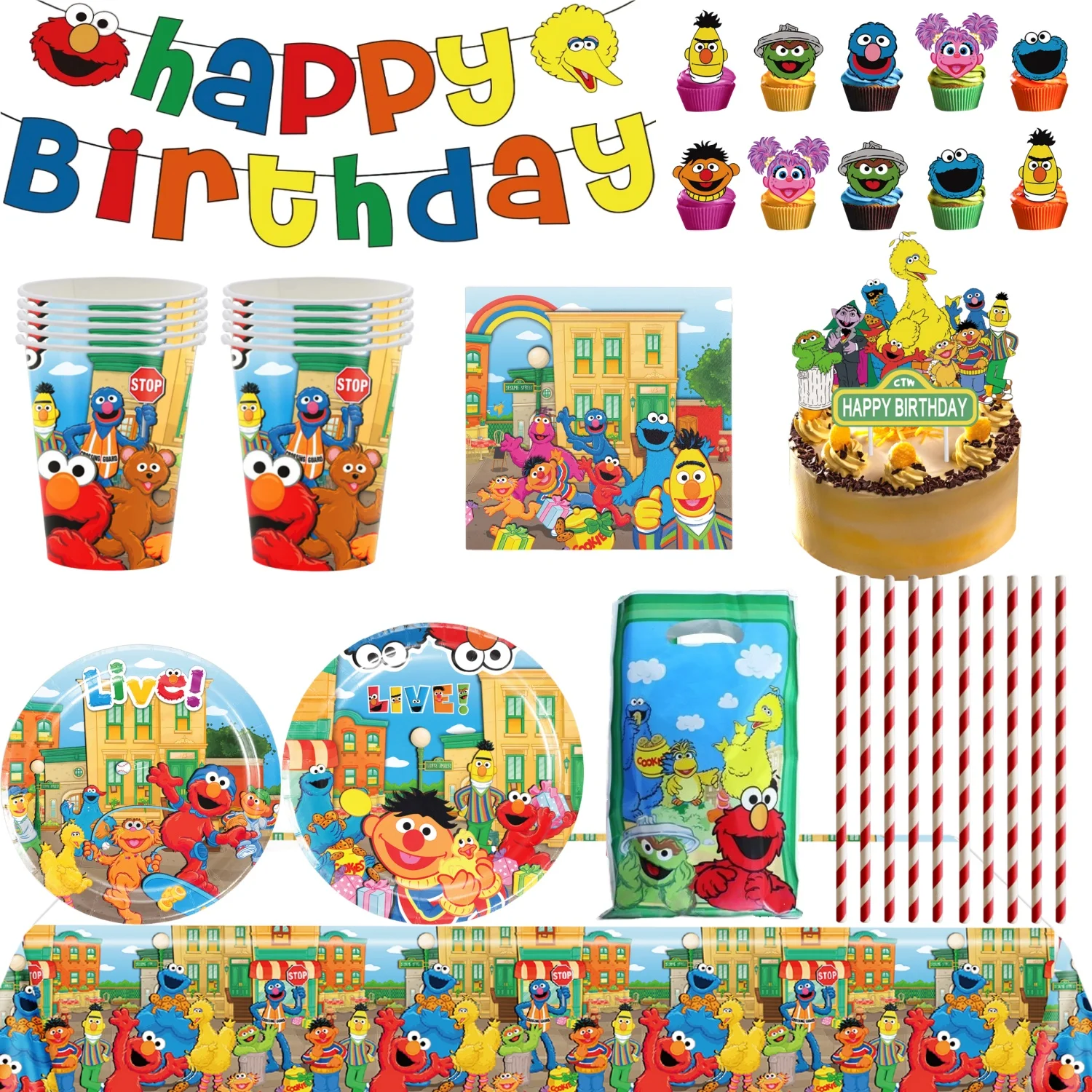 Decoración para Fiesta de Cumpleaños de Plaza Sésamo, Juego de Vajilla Desechable, Mantel, Vasos, Platos, Servilletas, Bolsas, Pancarta, Recuerdos para Fiesta