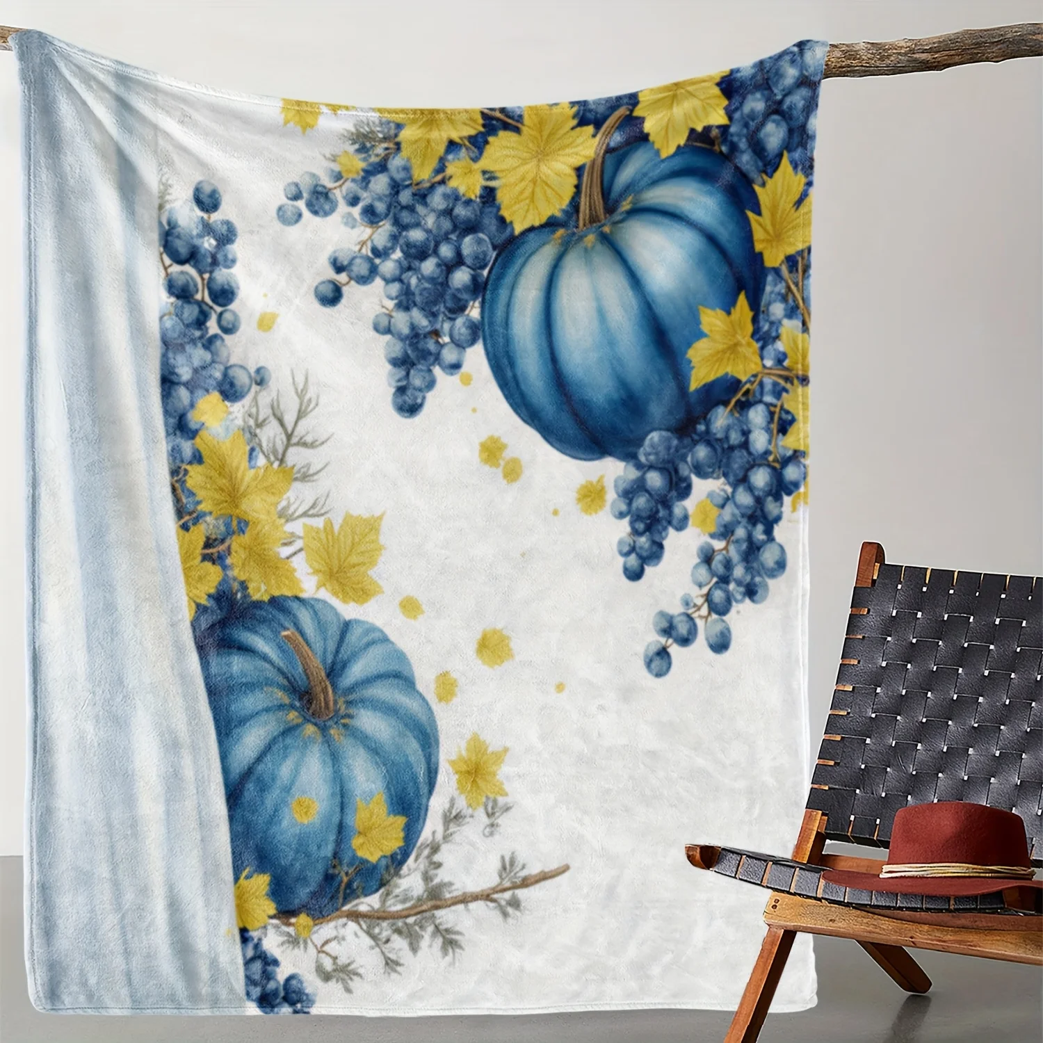 1 Flannel Blanket, Christmas Blue Pumpkin and Grapes Art Print Throw, Warm Cozy Soft Blanket for Sofa Bed Car Office Camping Tra