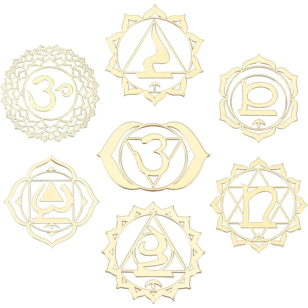 1 Box 7 Styles Chakra Stickers Hollow Brass Energy Sticker Sacred Muladhara Anahata Ajna Pattern Self Adhesive for Crystal Epoxy