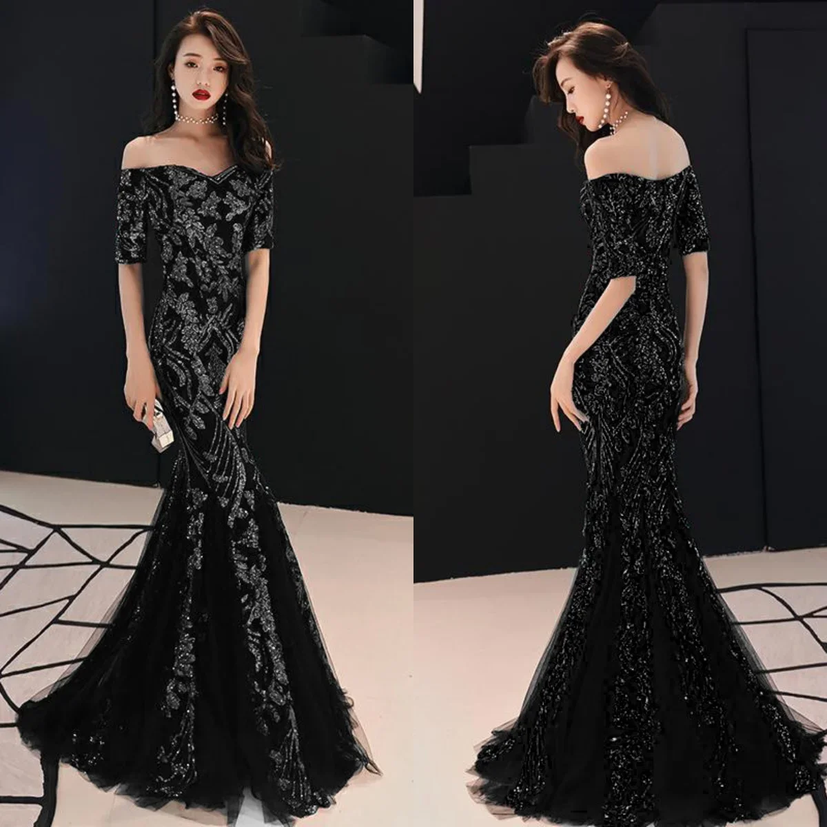 Evening Dress Black Sequins Stretchy Off shoulder Zipper Back Mermaid Trumpet Floor Length Women Party Formal Gowns YE122