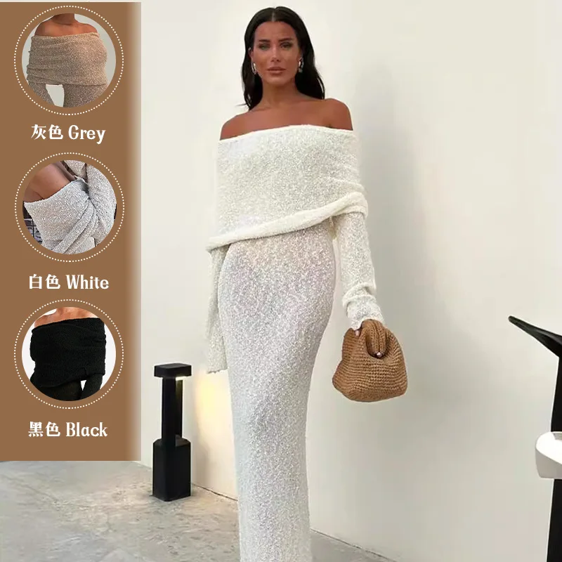 

Beach Vacation Long Knitted Hollow Out Off-Shoulder Long Dress Cover-Up Women'S Clothing