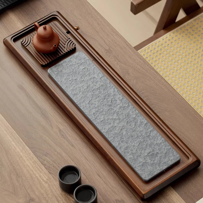 Bandeja de té rectangular pequeña de piedra y madera, bandeja de té Kong Fu de lujo con formas creativas y modernas, bandeja imperial antigua rectangular.