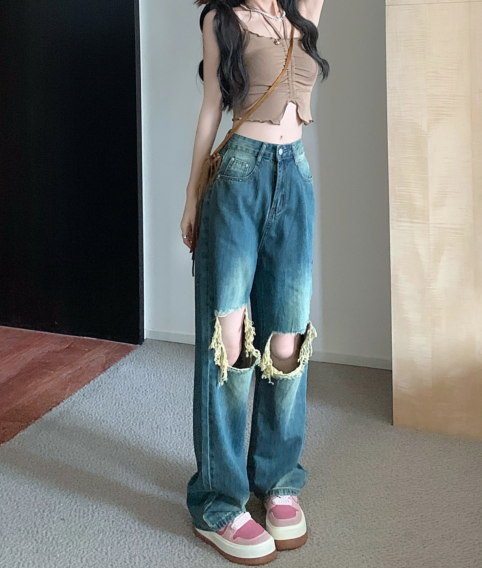 

High Street Blue Hole Jeans High Waist Pants Women's Summer Loose Casual Straight Leg Wide Leg Pants Draping Feeling Made Old