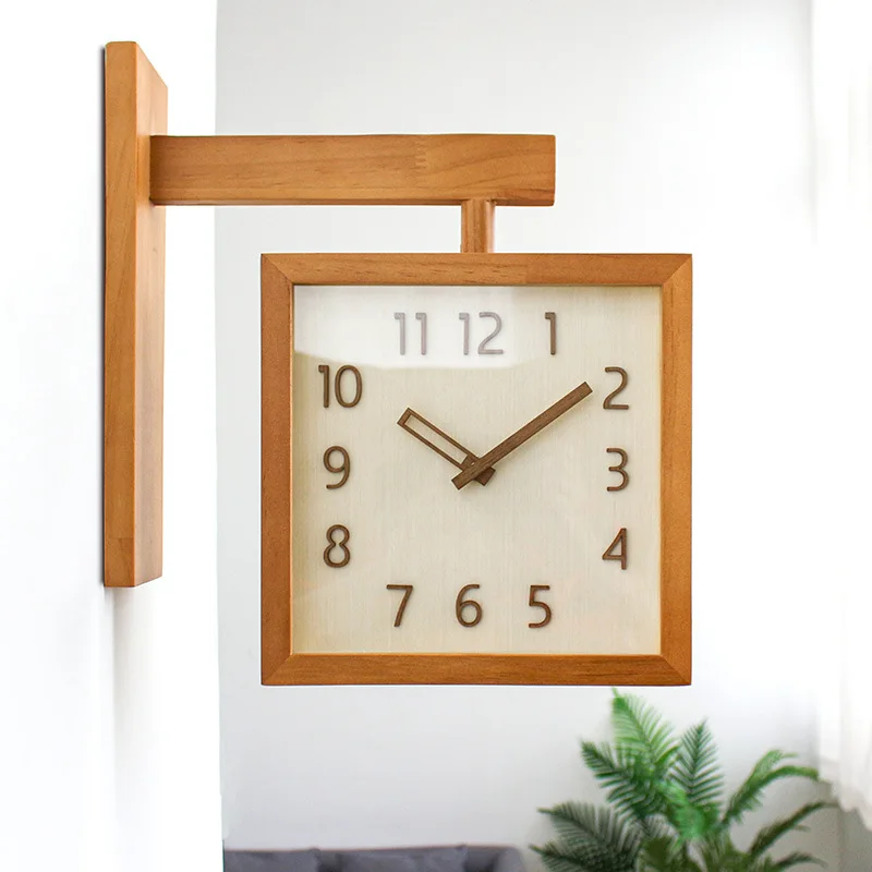 Solid Wood Double-sided Fashion Wall Clock Silent Simple And Modern Apanese Clock Wall Hanging Corner Living Room Decoration