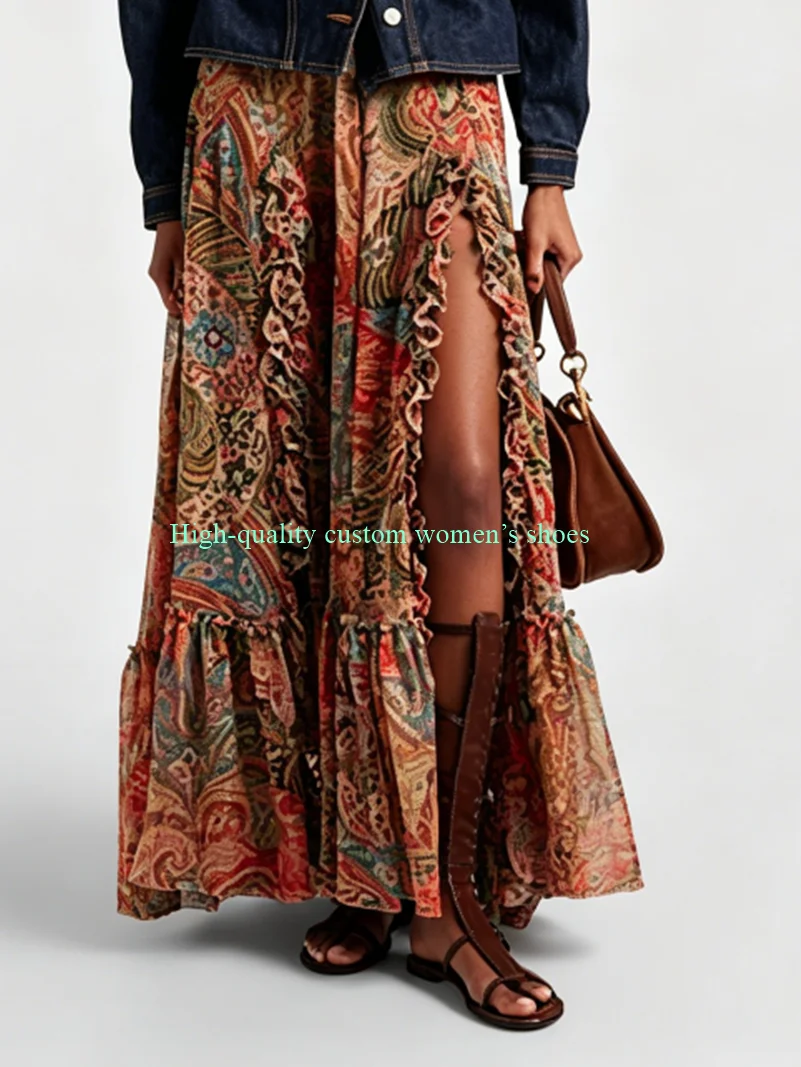Chocolate Round-toe, Open-Toe Flat Sandals Belt Buckle Decorative Summer Cutouts Knee-High Boots Manual Luxury Sandals