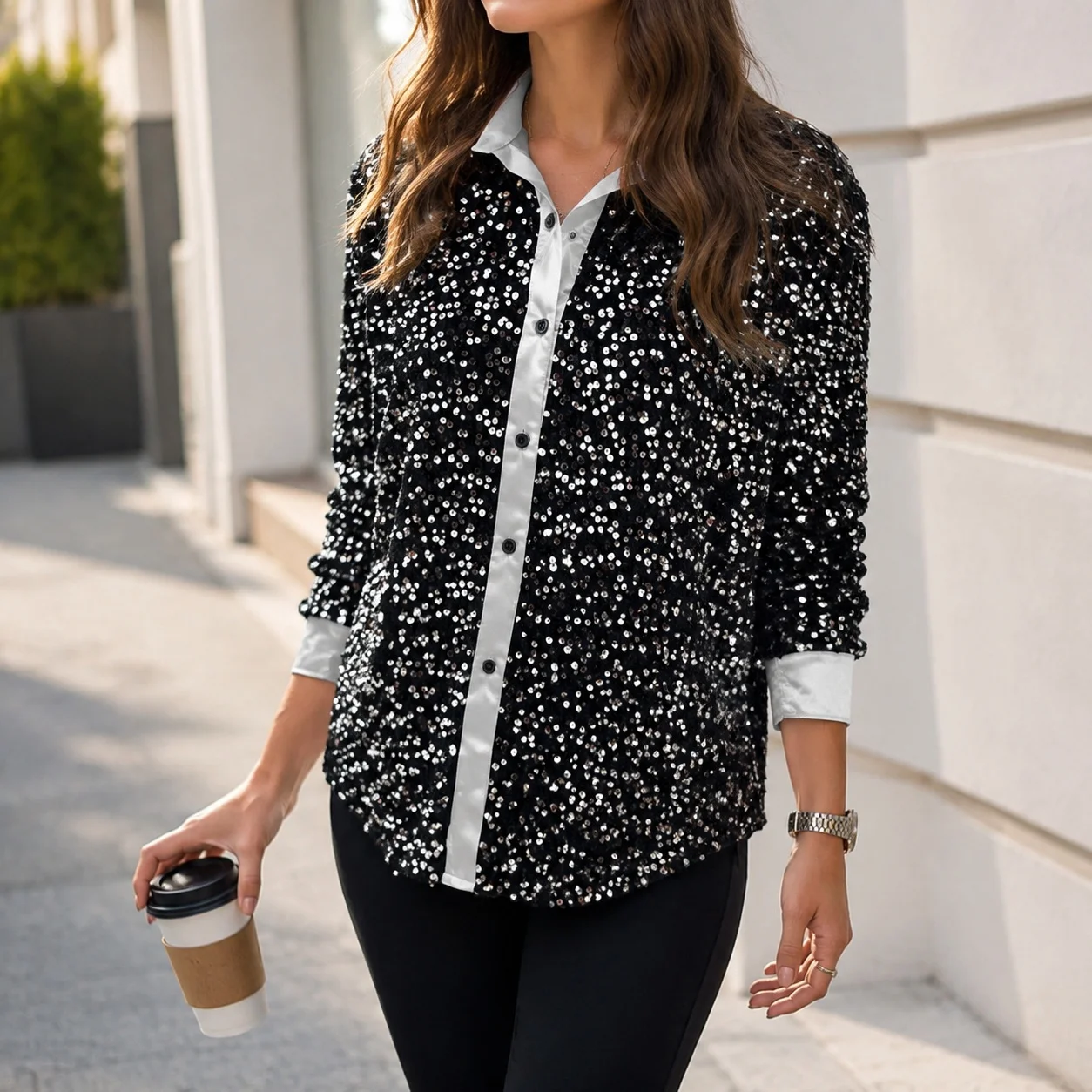 Sequined Casual Shirt Mid Long Length Japanese Korean Casual with Long Sleeve Patchwork Regular Sleeve Autumn Women Shirt