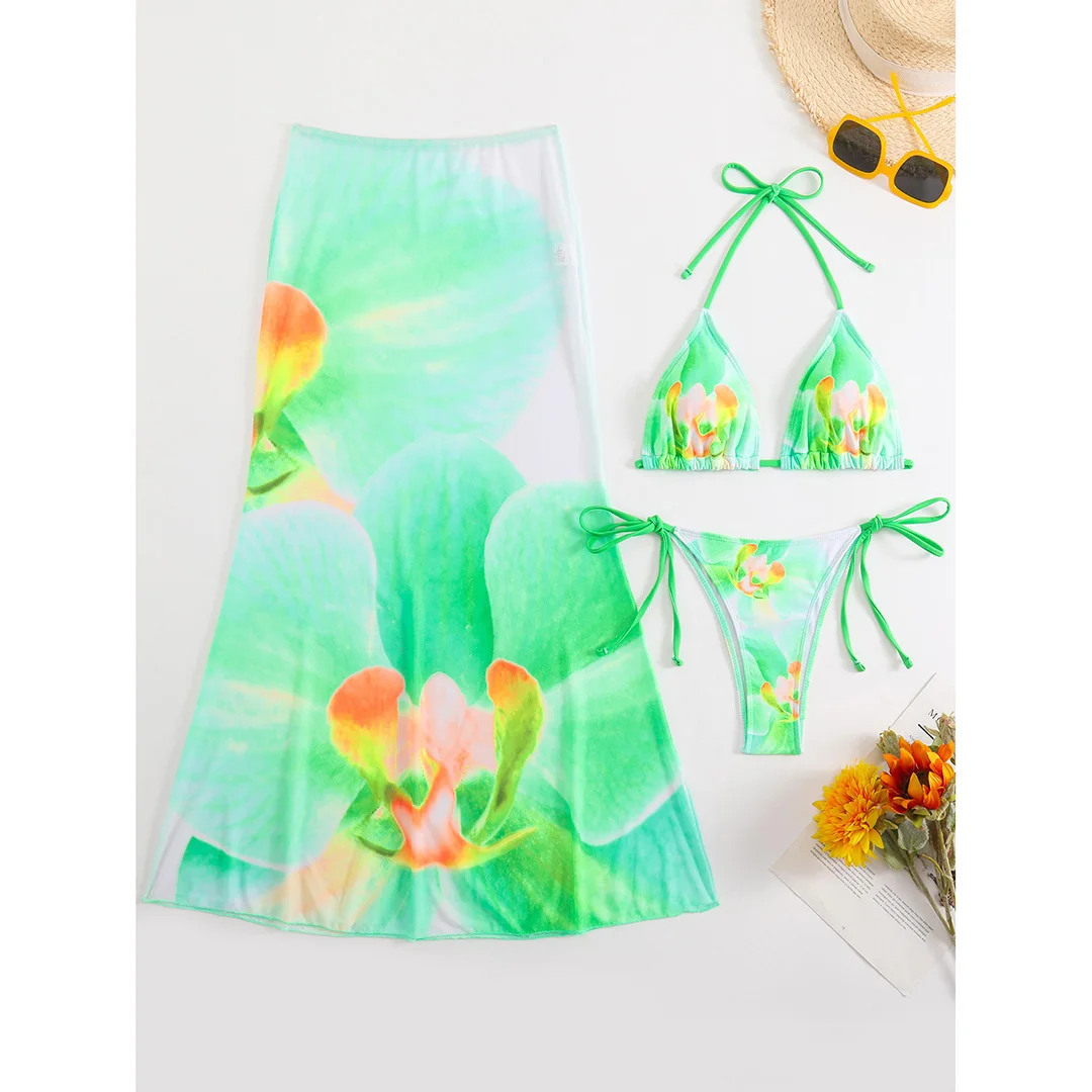 Blumenmuster mit Rock, Neckholder-Bikini, Damen-Badebekleidung, dreiteiliges Bikini-Set, Damen-Badeanzug, Badebekleidung, Badeanzug, Schwimmkleidung V6637 – Detail 37
