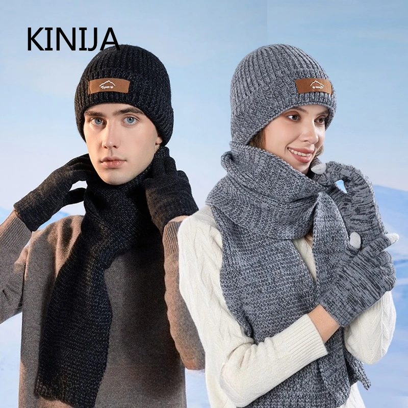Winter Cap Gloves Scarf Set Women Knitted Hat Thickened Fleece Lining Skullcap Outdoor Cycling Skiing Windproof Skullies Beanies