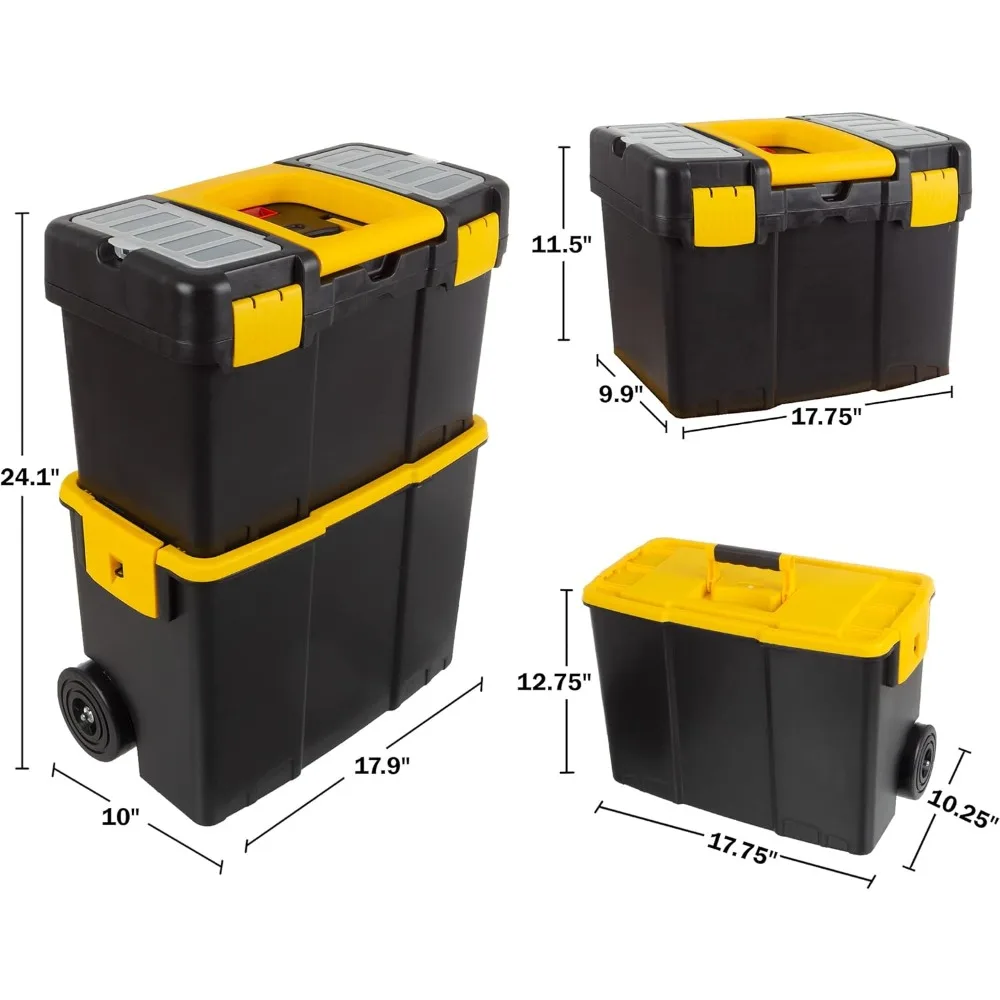 Portable Tool Box with Wheels - Stackable 2-in-1 Tool Chest with Fold-Down Comfort Handles, Tough Latches