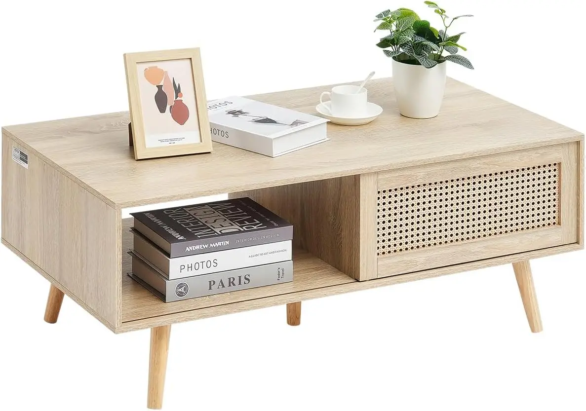 Vevor Rattan Coffee Table, Mid Century Modern Coffee Table, Rectangle Wood Coffee Table, 42 Inch Modern Boho Style Two Layers