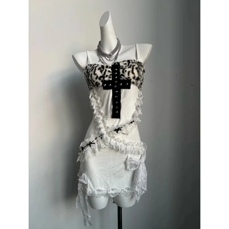 

American Gothic Style Spaghetti Strap Dress Women Summer Cross Splicing Leopard Lace Tassel Boycon Mini Dress Female Clothing
