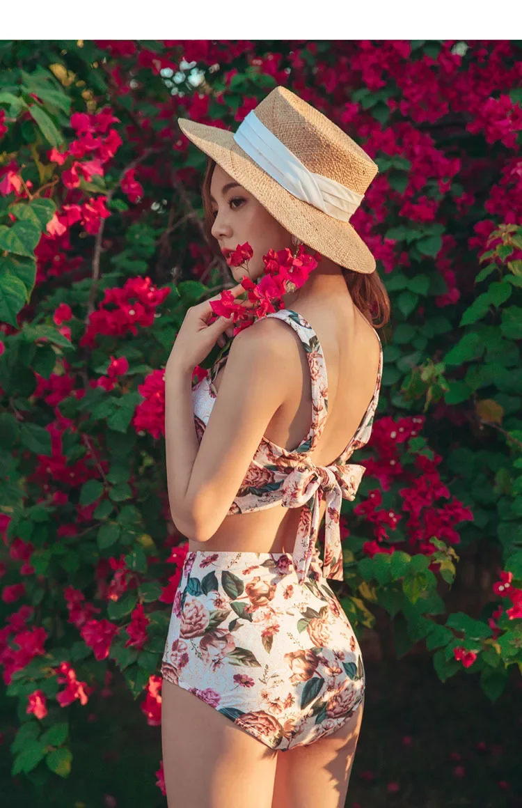2025 Vintage Two Pieces Swimsuit Floral Women Swimwear Sexy Push Up High Waist Bathing Suit Korean Monokini Retro Beach Wear