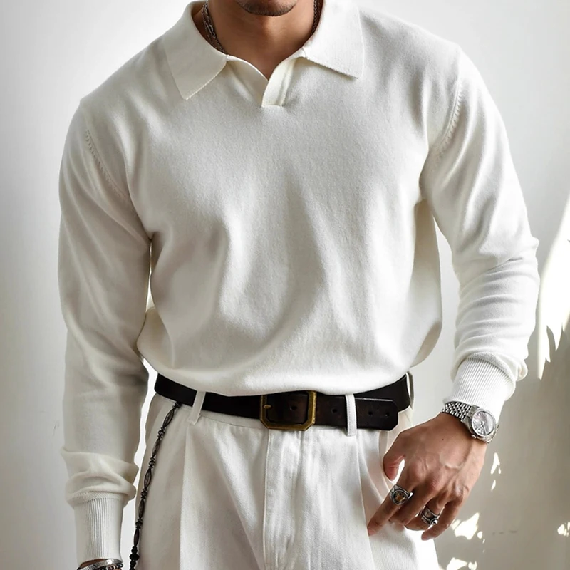 

Men's Lapel Knit Polo Shirts Autumn Solid Color Casual Knitwear Sweater Male Jumper Tops Fashionable Long Sleeve Polos Pullover