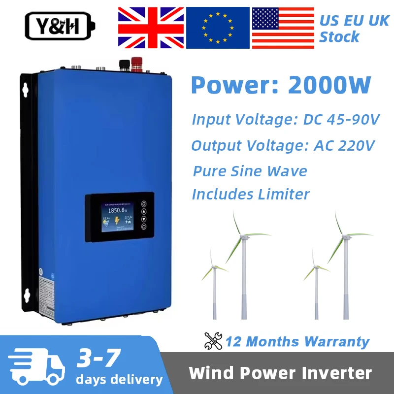 Y&H 2000W MPPT Wind Power On Grid Tie Inverter Pure Sine Wave Limiter Sensor Dump Load 230V For AC DC 48V Wind Turbine Generator (Optional Wi-Fi module)