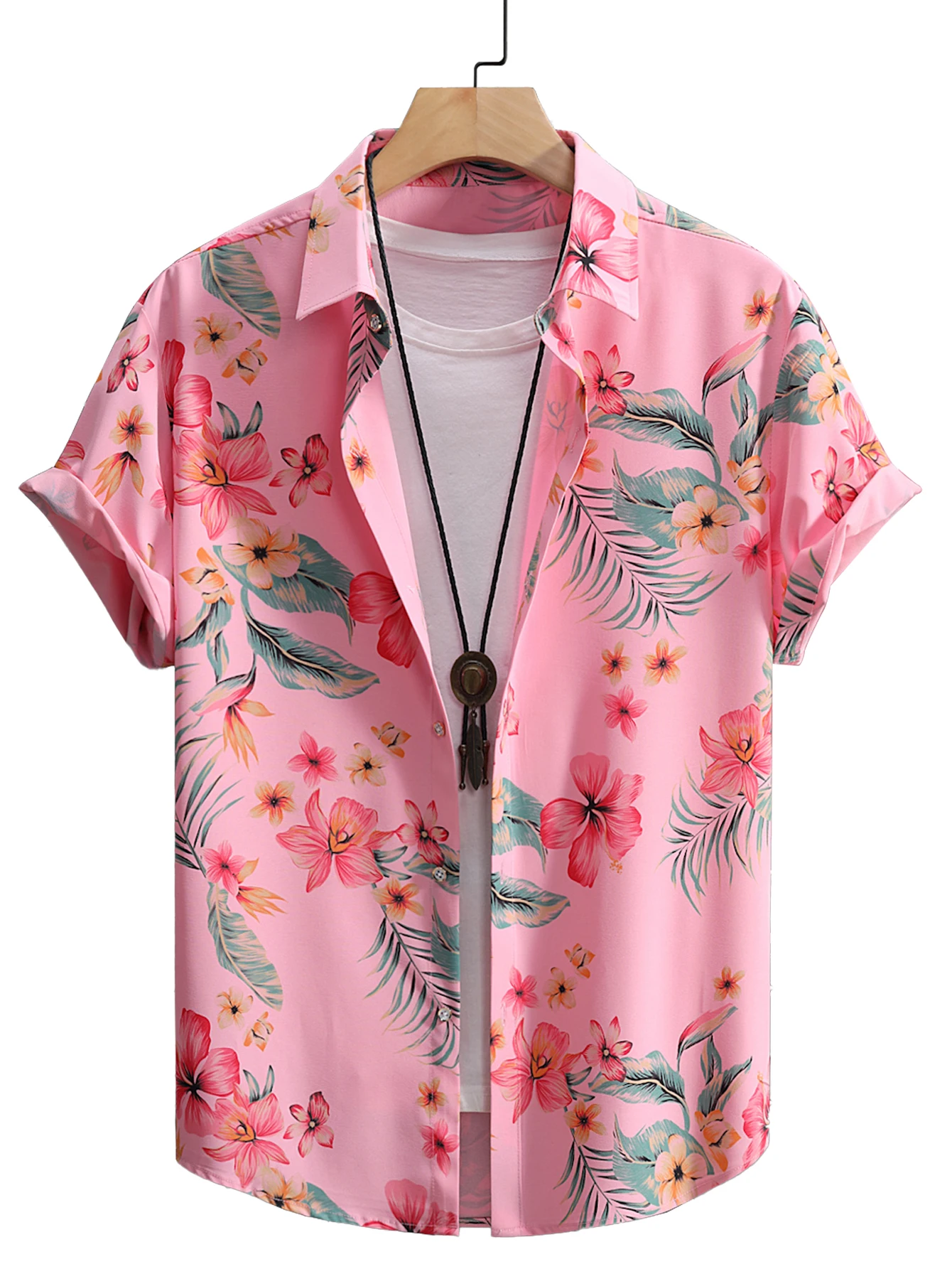 Men\'s Short Sleeved Pink Floral Button Up Shirts Casual Short Sleeve Button Down Shirt Beach Shirts Hawaiian Style Shirts