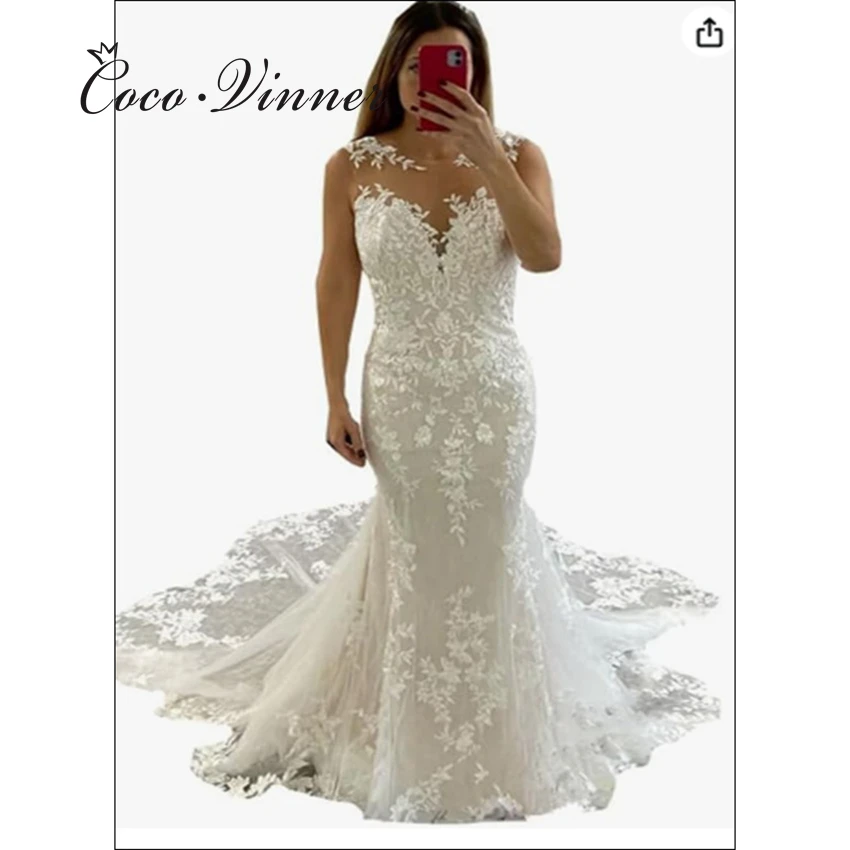 Vestidos de novia de sirena personalizados sin mangas con escote transparente para novia Apliques de encaje en red vestido de novia de talla grande para mujer W1337