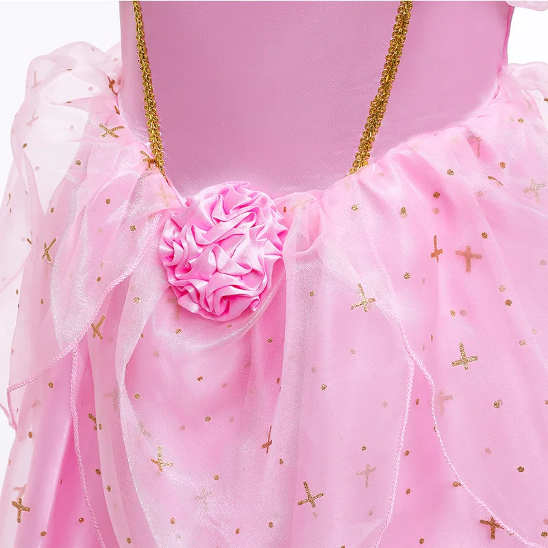 Disney Aurora Princess Dress for Girls Sleeping Beauty Cosplay Costume Summer Floral Rose Print Sling Dress Kids Elegant Gown