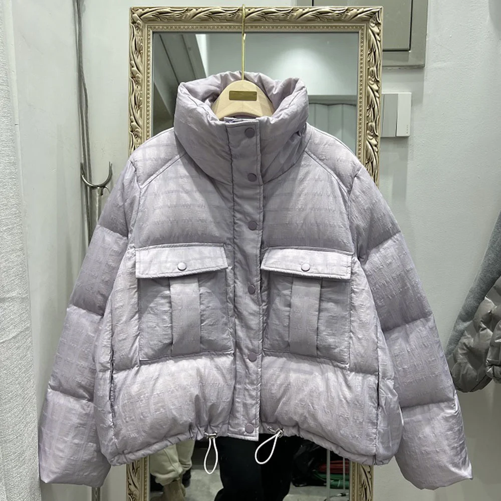 Chaqueta de cuello alto para mujer, abrigo corto holgado de plumón de pato blanco, Parka cálida de moda para invierno, 2023