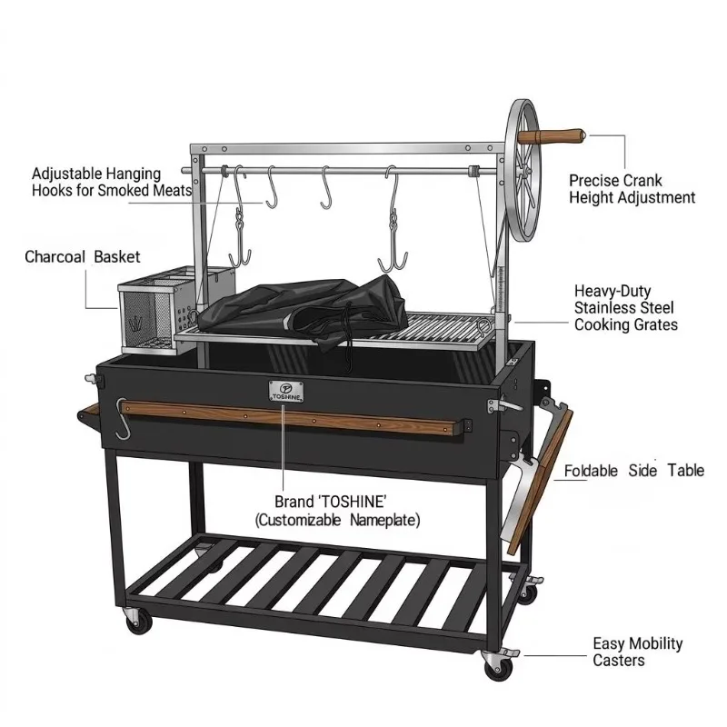 Argentina Charcoal BBQ Grill Santa Maria Powder Coated Adjustable Heights Side Table Heavy Garden Customized OEM
