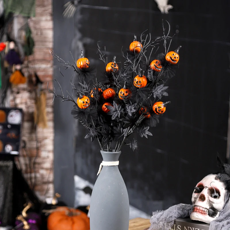 Halloween Decor Artificial Pumpkin Maple Leaf Floral Stems Black Orange Halloween Branches Home Indoor Party Vase Arrangement