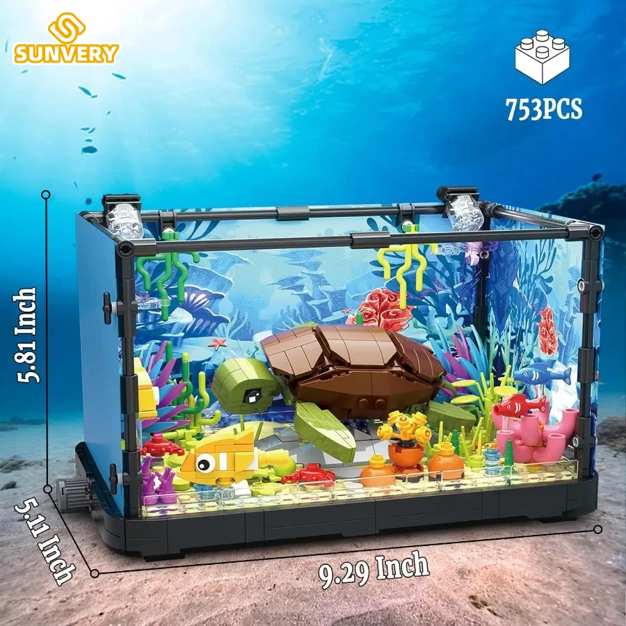 Fish Tank Building Block Lighting Aquarium Compatible Sets for Adults and Kids Ocean Jellyfish Turtle Animal Building Toys