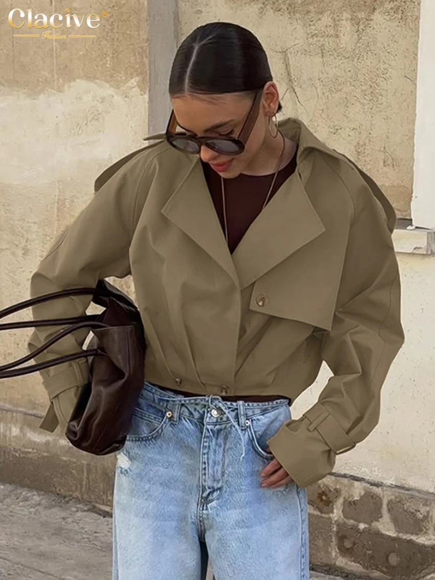 

Clacive, зимние свободные хлопковые женские пальто цвета хаки, модные пальто 2025, пальто с длинными рукавами и лацканами, элегантный классический однотонный топ, женская одежда