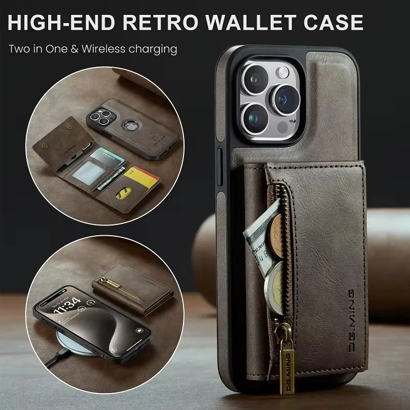 

Magnetic Wallet Style Holder With Card Case Leather Phone Case For iPhone 15 ProMax 14 13 12 11Pro Wireless Charging Phone Case