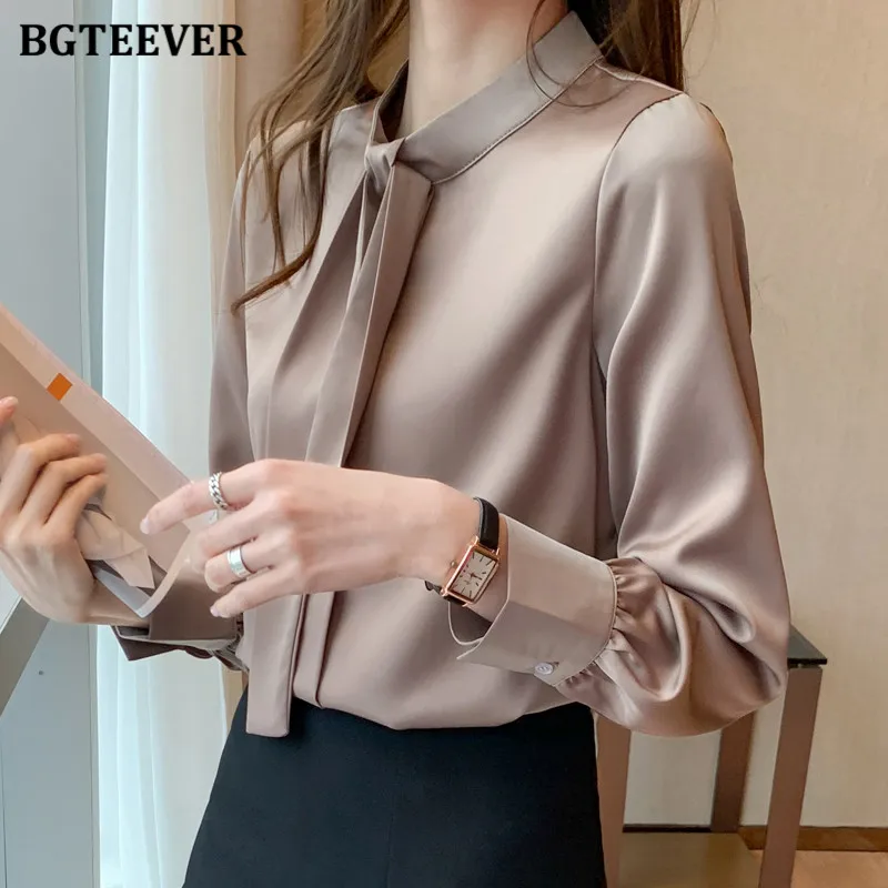 

BGTEEVER Stylish Chic Women Stand Collar Ribbon Pullovers Blouses Autumn Elegant Lantern Sleeve Loose Female Satin Shirts Tops