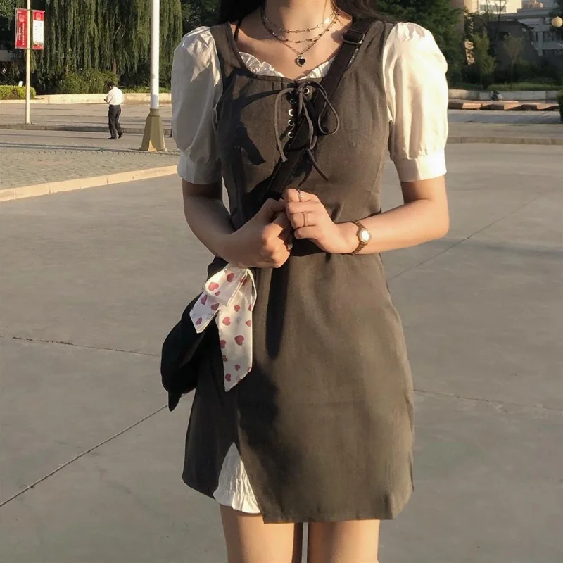 

Two-Piece Dress Women Summer2025New Niche French Style Puff Sleeve Tie Short Sleeve Dress