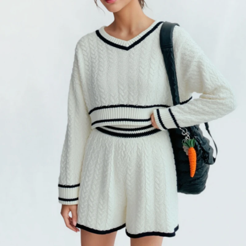 

2025 Fashio New Women's Solid Knitted Two-piece Loose Gentle V-neck Long Sleeve Pullover Sweater and Casual Straight Shorts
