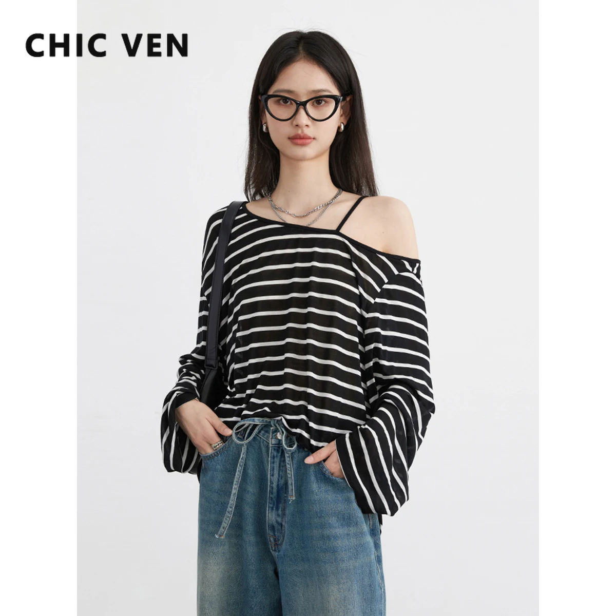 

CHIC VEN Women T-shirts Korean Casual Long Sleeve Striped Thin Knitted T-shirt Fashion Design Tops Female Clothing Autumn 2024