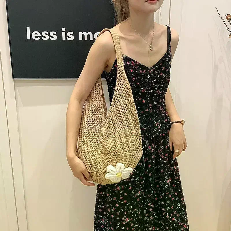 

Trendy Hollow Out Weave Knitted Bag Bohemian Style Beach Handbag Casual Knitted Wicker Woven Ladies Handmade Beach Tote Bag