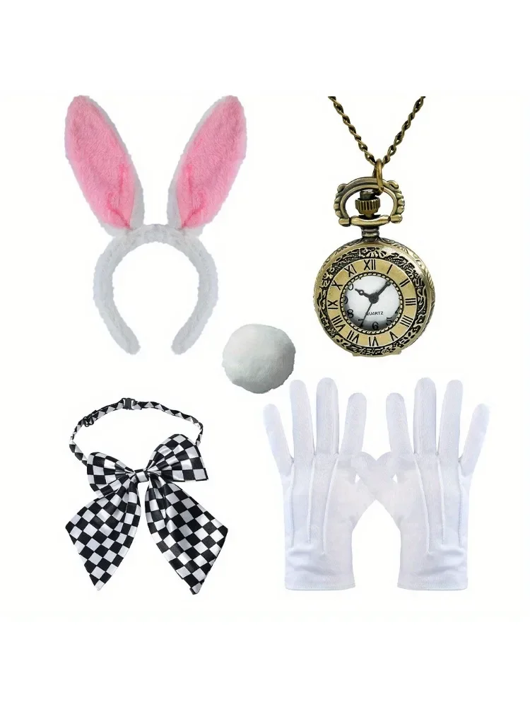 

PESENAR White Easter bunny costume bunny dress up accessories kit includes watch headband tie tail necklace and nose