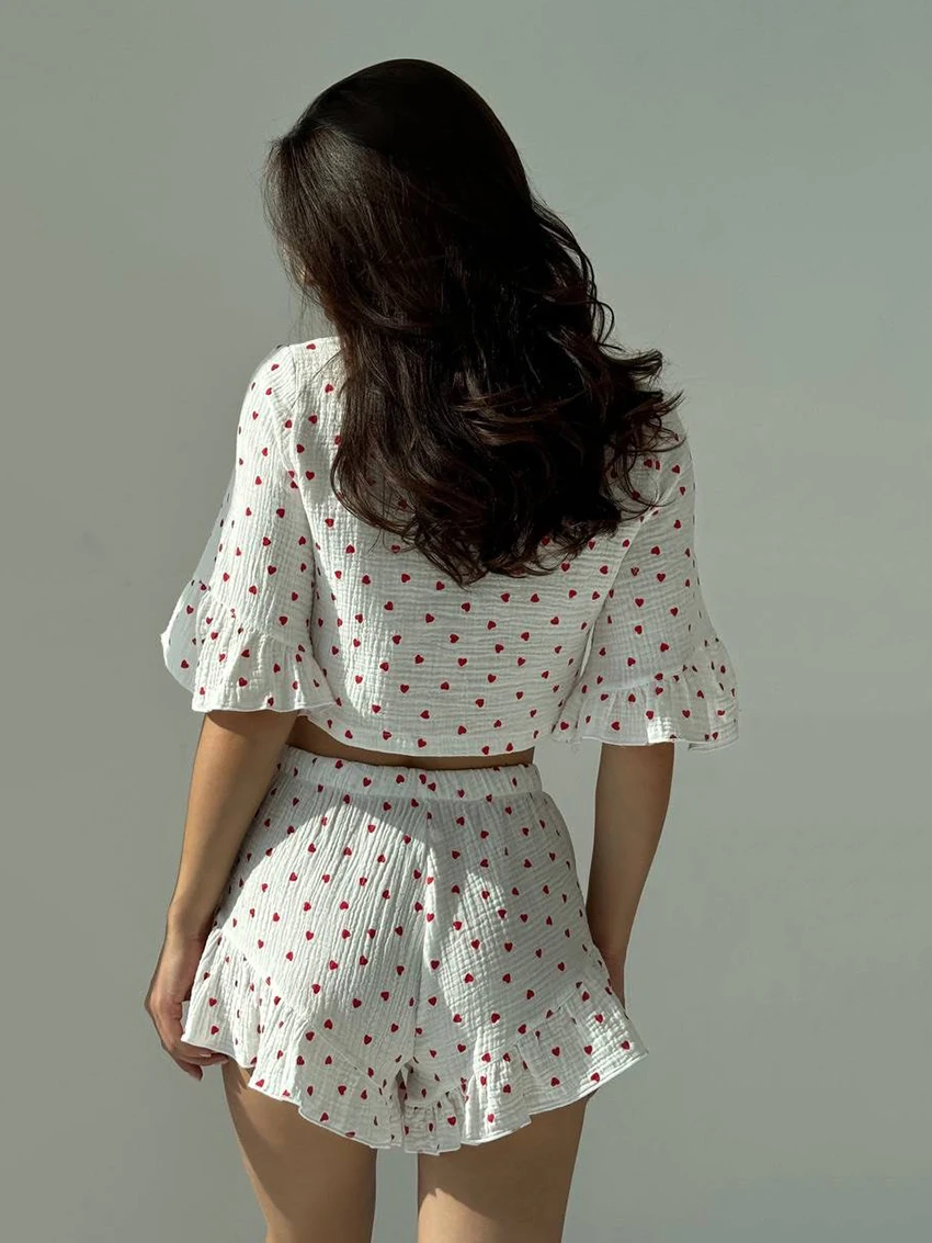 Marthaqiqi Cotton Female Sleepwear Set Sexy V-Neck Pajama Lace Up Nightie Crop Top Nightgowns Shorts Printing Women Home Clothes