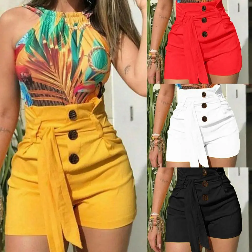 Pantalones cortos ajustados para mujer, Shorts informales de cintura alta, color negro, rojo, blanco y amarillo, diseño de cinturón, Verano