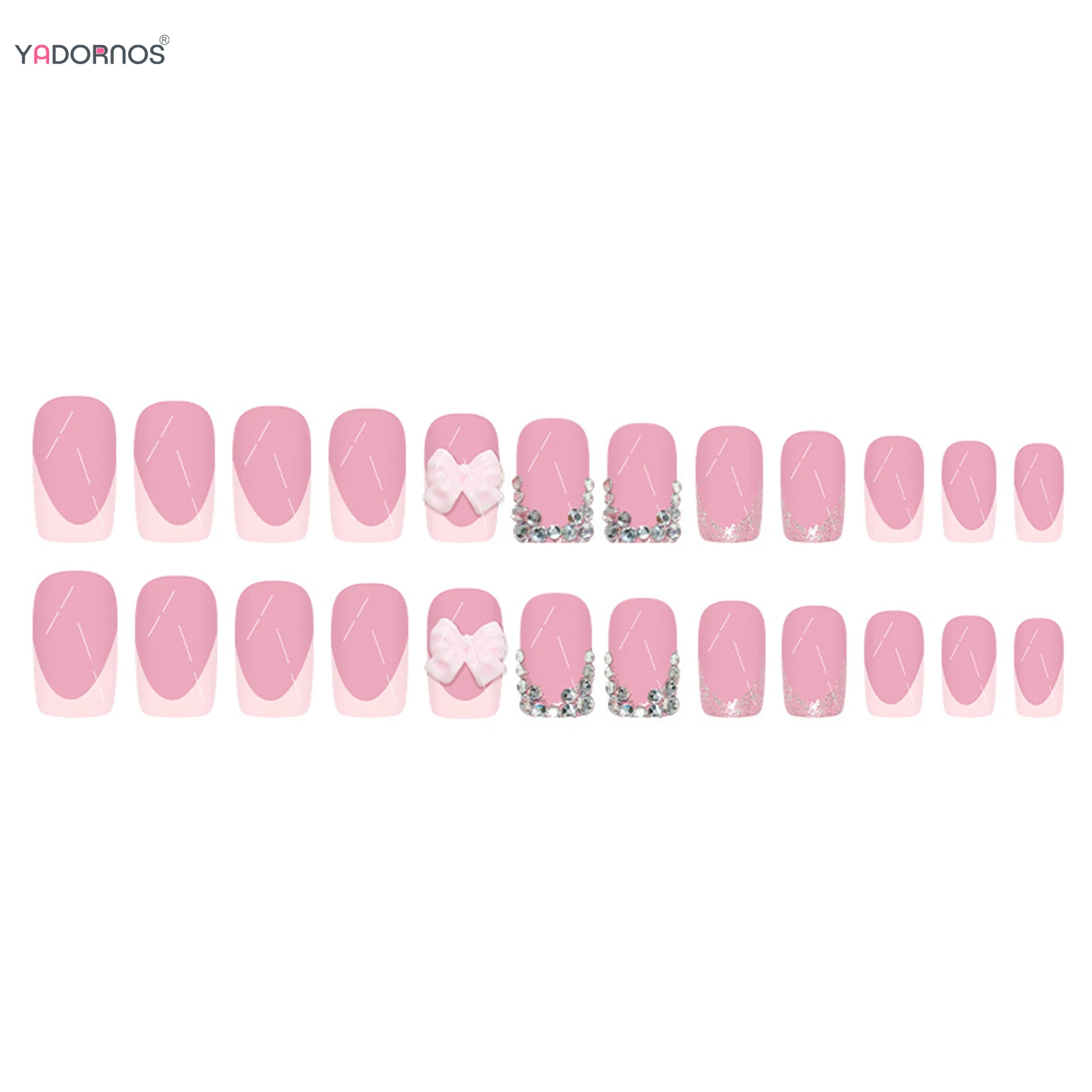 Faux ongles roses pour filles douces, 24 pièces, courts, à pression, pointe française, à coller, décor avec nœud papillon en strass