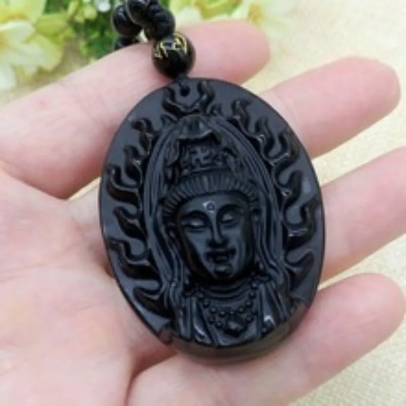 Obsidian Guanyin Pendant Men's Flame Guanyin Head Necklace