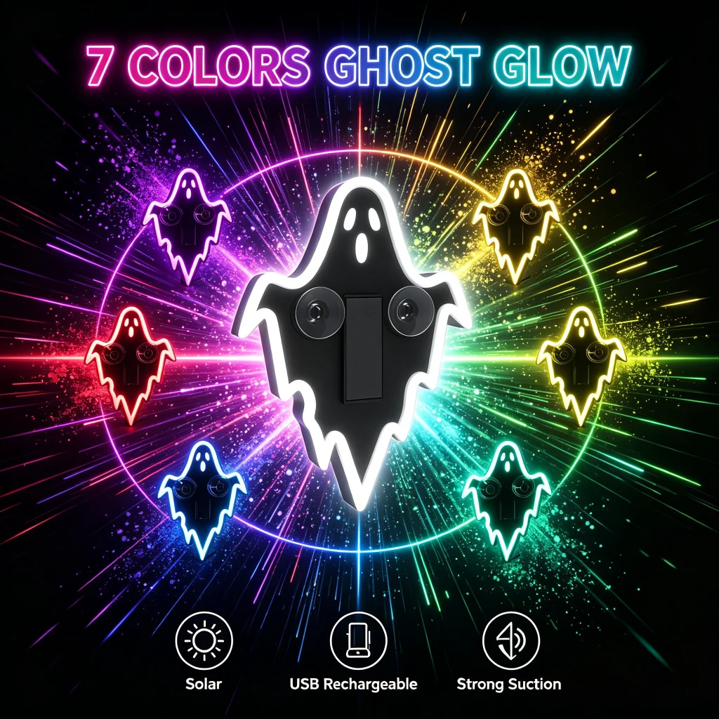 Solar Halloween Ghost LED Car Light — Vibration Sensor, 7 Colors, Window Suction Cup Multi-Mode Lamp