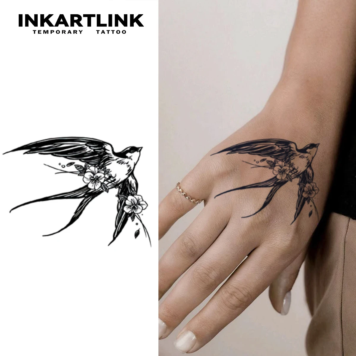 Etiqueta engomada del tatuaje temporal de golondrina, tatuaje mágico impermeable, dura hasta 15 días tatuaje falso, tatuaje semipermanente