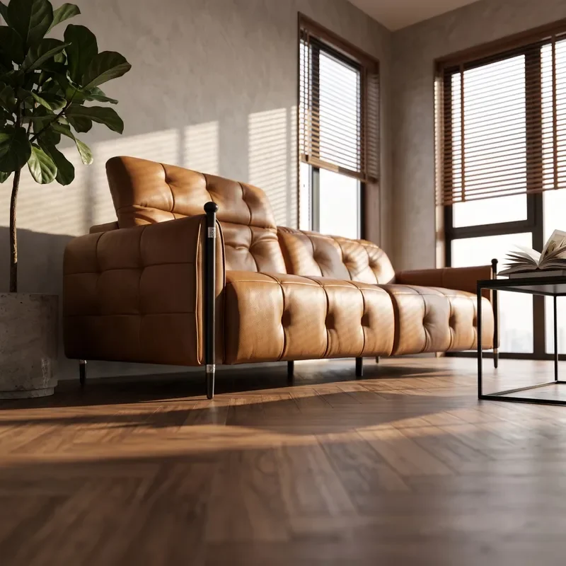 Medieval Brown Retro Leather Sofa with Adjustable Backrest for Living Room 2026 New Compact Design for Small Apartments