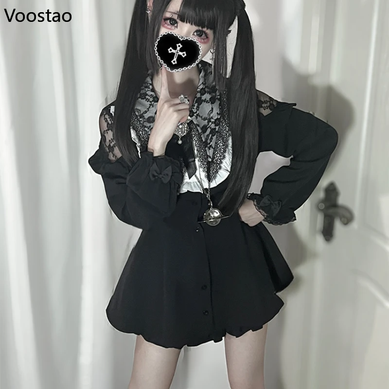 Japanese Harajuku Y2k Lolita Rhinestone Bow Dress Shorts Set Women Gothic Long Sleeve Lace Shirt Dress Kawaii Shorts 2 Piece Set