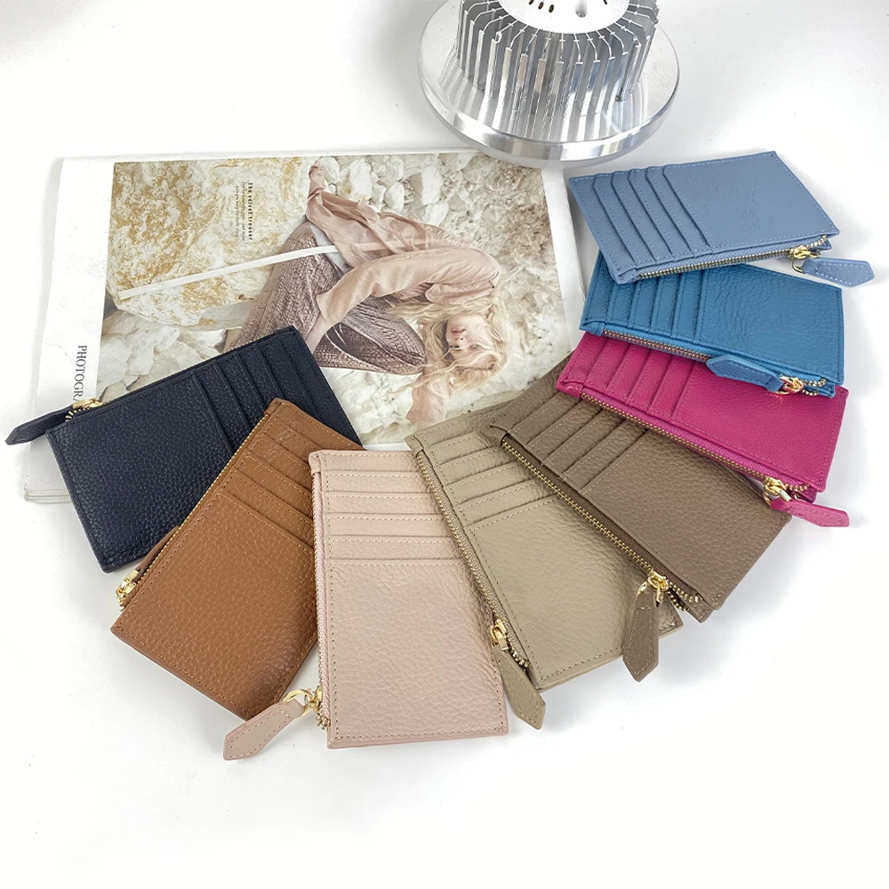 Customized name genuine leather simple multi-slot card case, portable top layer cowhide ID bag, soft leather zipper coin purse