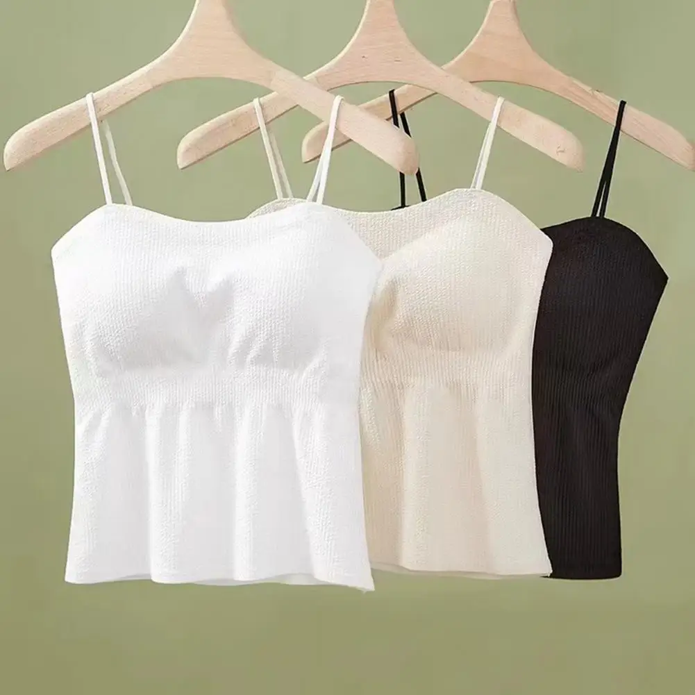 Women Tank Top With Built-in Bra Double Lined Spaghetti Strap Camisole Slim Fit Summer Sleeveless T-shirt