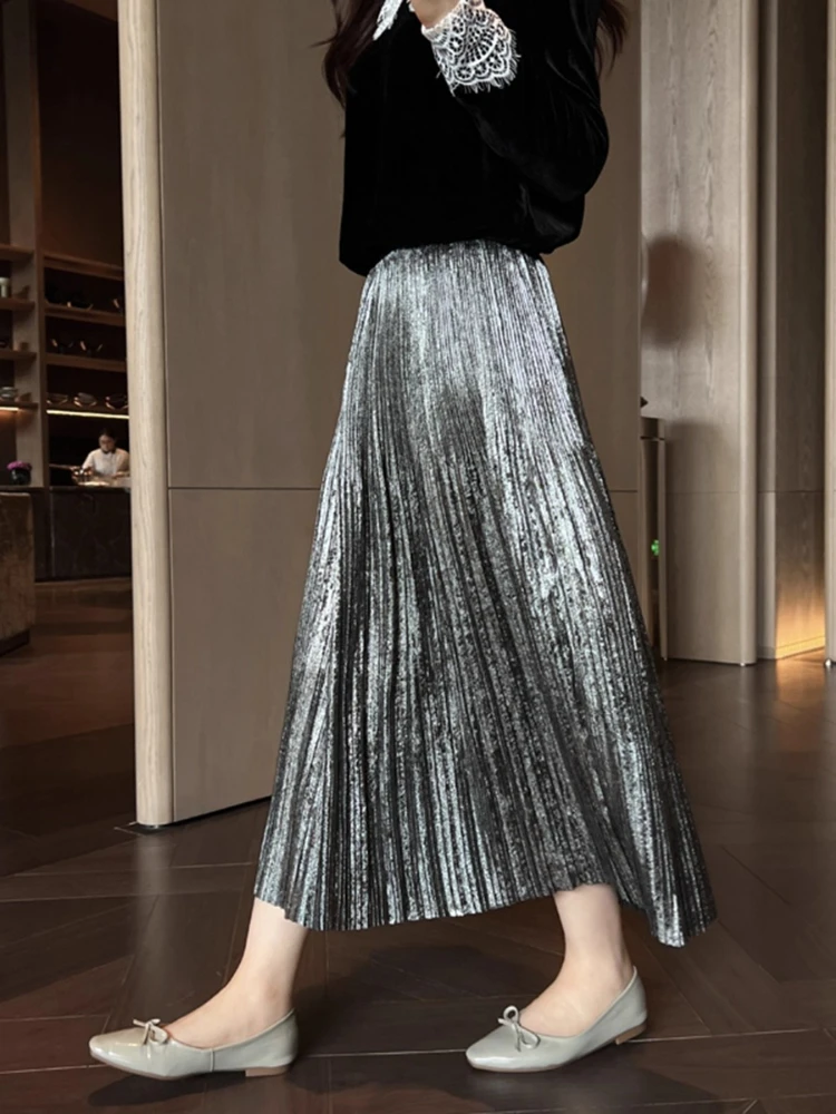 Metallic Silver Pleated Midi Skirt for Women Shimmer High Waist A-Line Skirt, Elegant Flowing casual/Party Skirt Good Quality