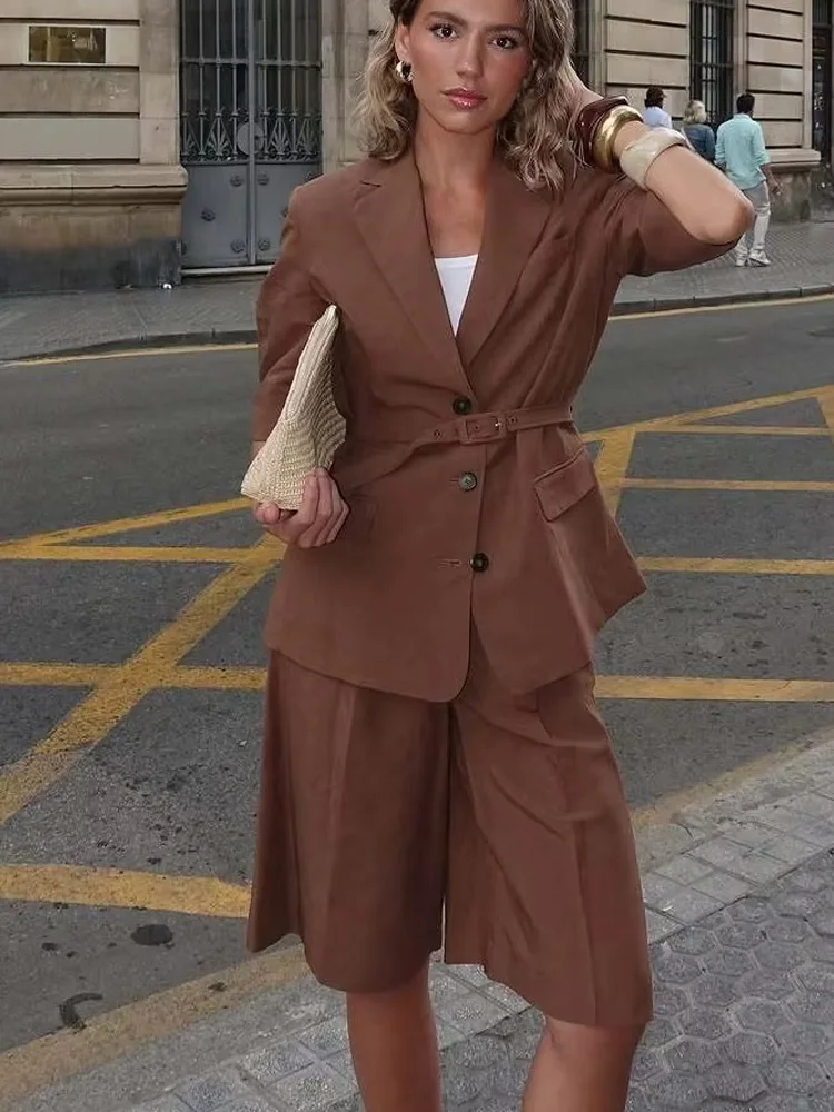 

HH Women 2-Piece Set Single-breasted Laple Belted Pocket Short Sleeves Loose Slim Blazer+Fashion High Waist Zipper Shorts