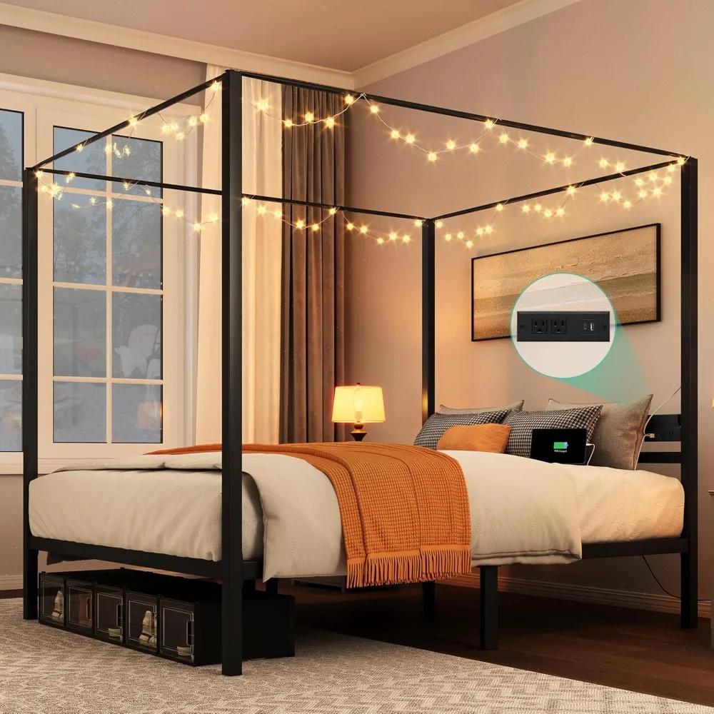 Large Four Pillar Bed Frame with Charging Station and Star Shaped LED Lights, 14 Inch Platform, Built-in Headboard