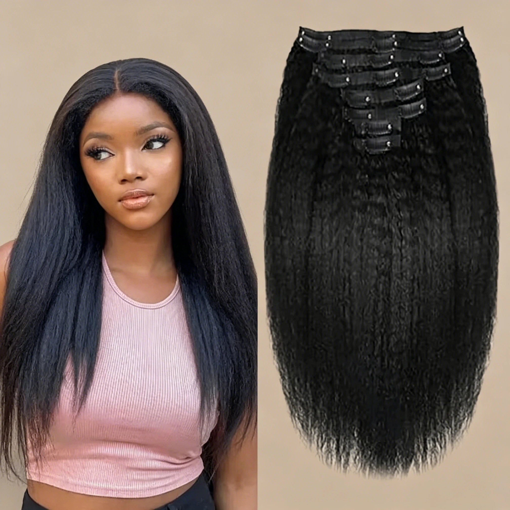 

Kinky Straight Clip in Hair Extensions 100% Human Hair Yaki Straight 8pcs/set with 18 clips