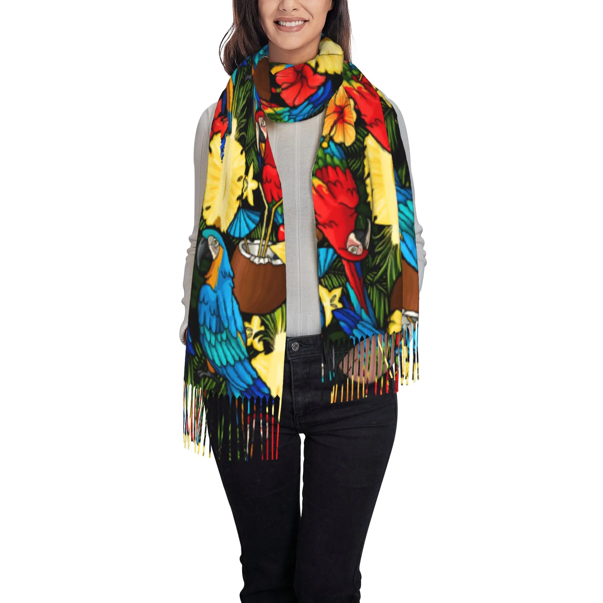 Custom Female Long Tropical Macaw Fruit Floral  Scarves Women Winter Fall Soft Warm Tassel Shawl Wraps  Scarf